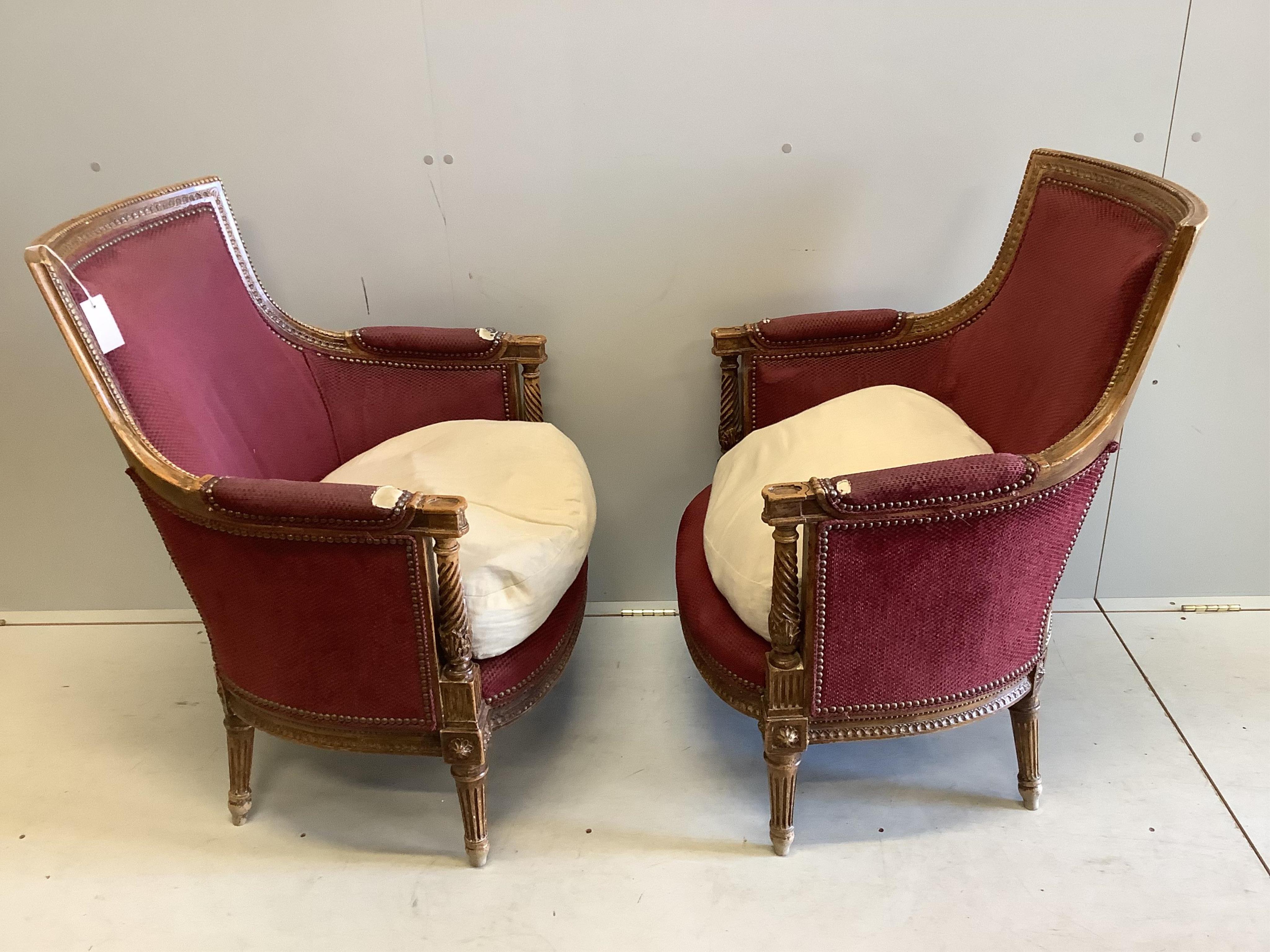 A pair of Louis XVI style beech armchairs, width 68cm, depth 52cm, height 89cm. Condition - poor